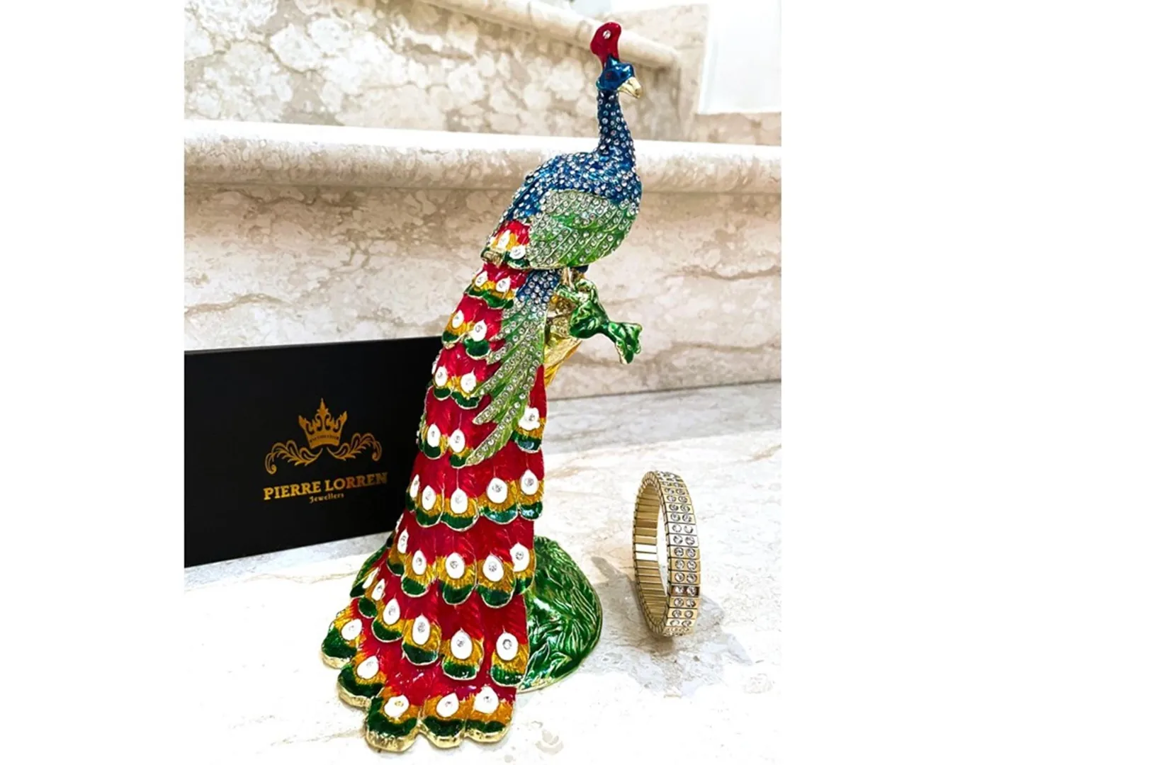 Vintage 2005 Faberge Egg Pure Gold Decor Peacock Proposal Box Bridal Shower Wife Wedding Austrian Crystal Diamond Handmade by Pierre Lorren