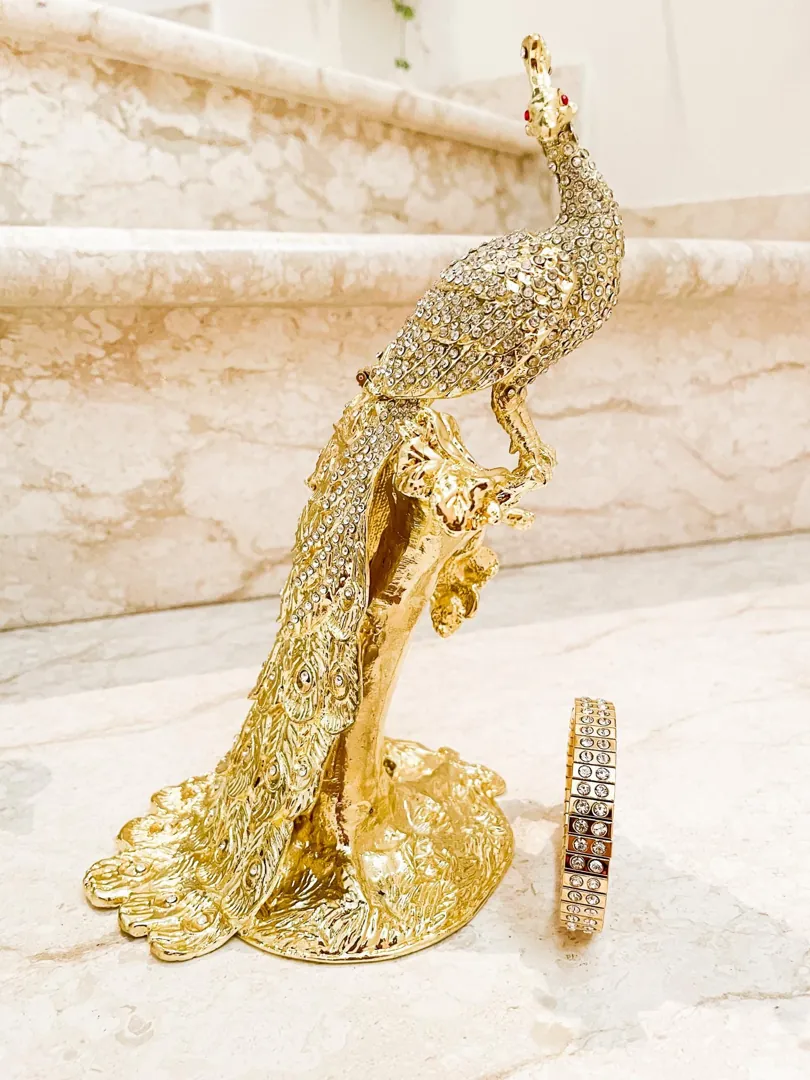 Vintage 2002 Faberge Egg Pure Gold Decor Peacock Gold Proposal Box Bridal Shower Wedding Austrian Crystal Diamonds Handmade by Pierre Lorren