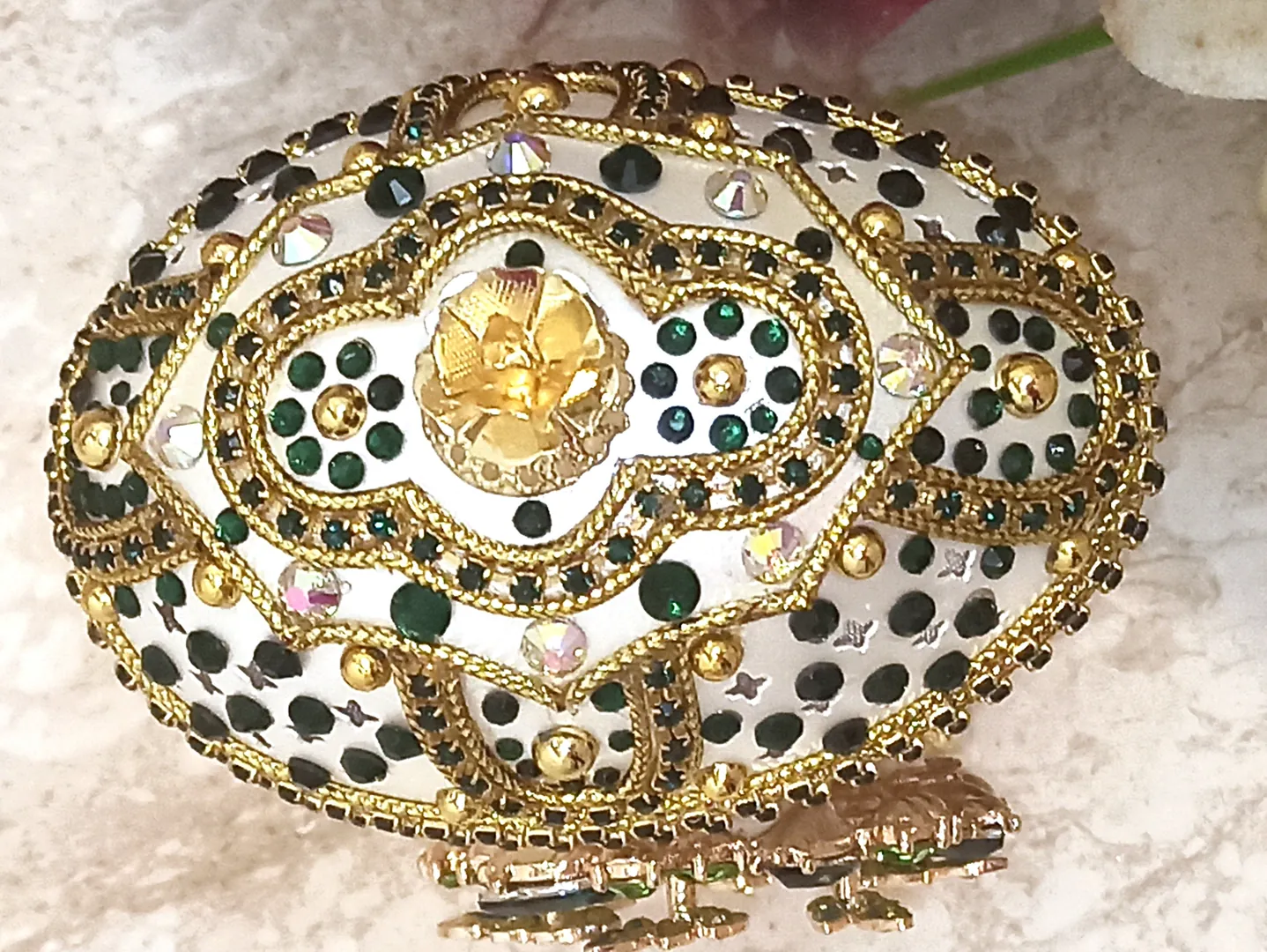 Faberge egg, Faberge egg pendant, emerald gold bracelet, unique wedding gift ideas, unique art, home decor ornament, Faberge egg style jewelry.