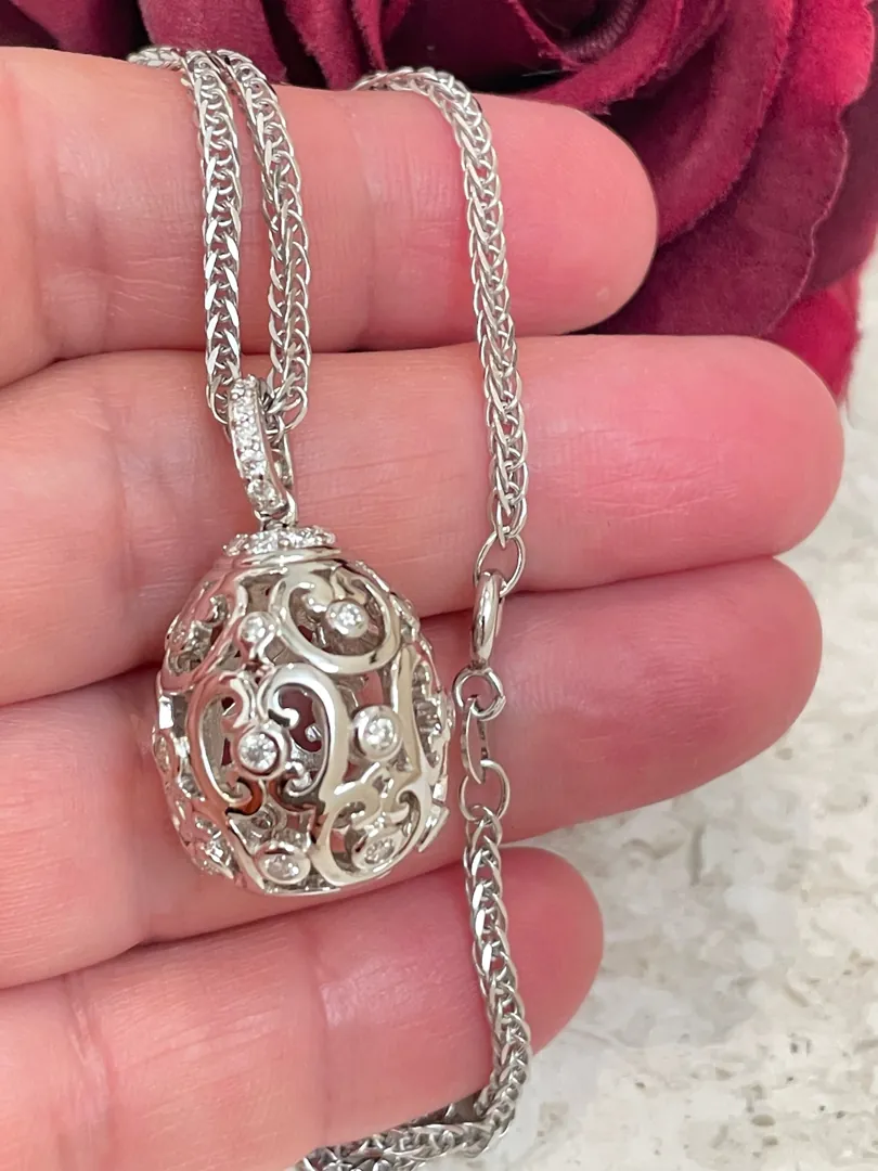 Pierre Lorren Diamond Faberge Egg Pendant Silver Necklace 18k White Gold Faberge Style Egg 1.18