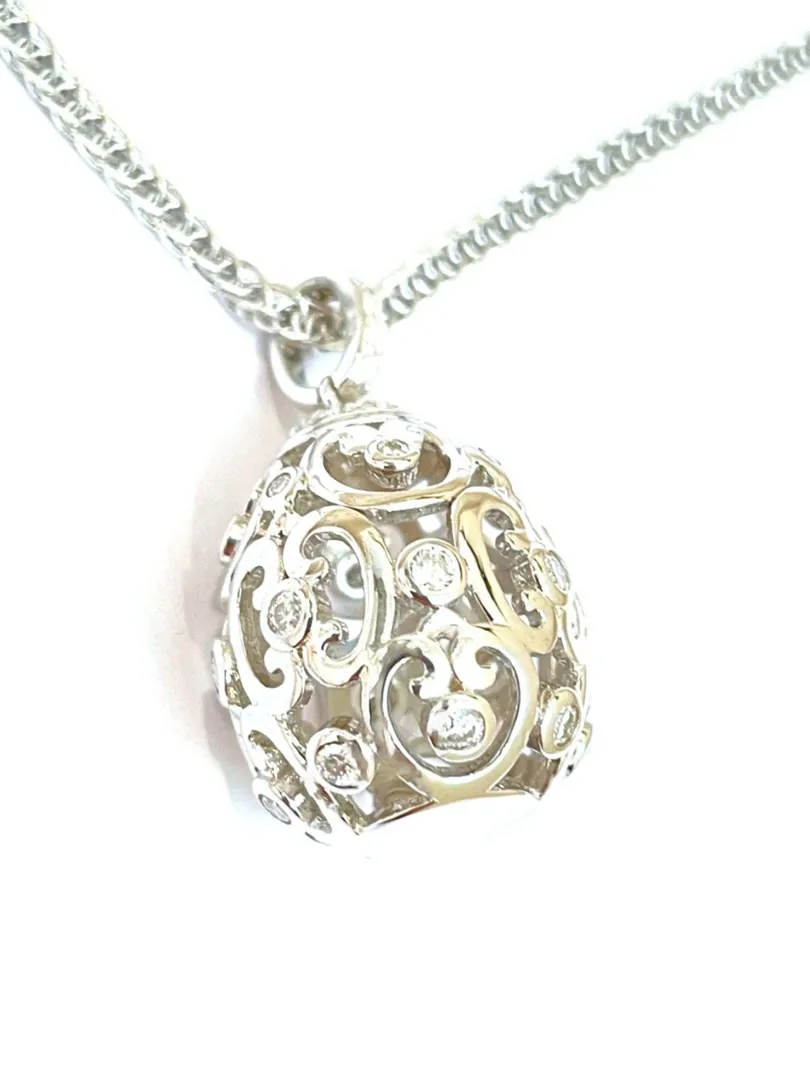 Pierre Lorren Diamond Faberge Egg Pendant Silver Necklace 18k White Gold Faberge Style Egg 1.18