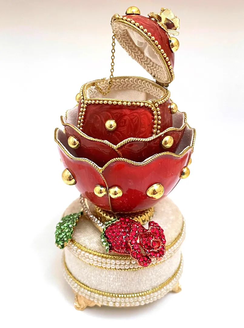 Red Fabergé egg style, Limited edition, Faberge Eggs Vintage, Musical Rose Jewelry gift box, Hand-Carved Natural Real Egg, 24k Gold Handmade.