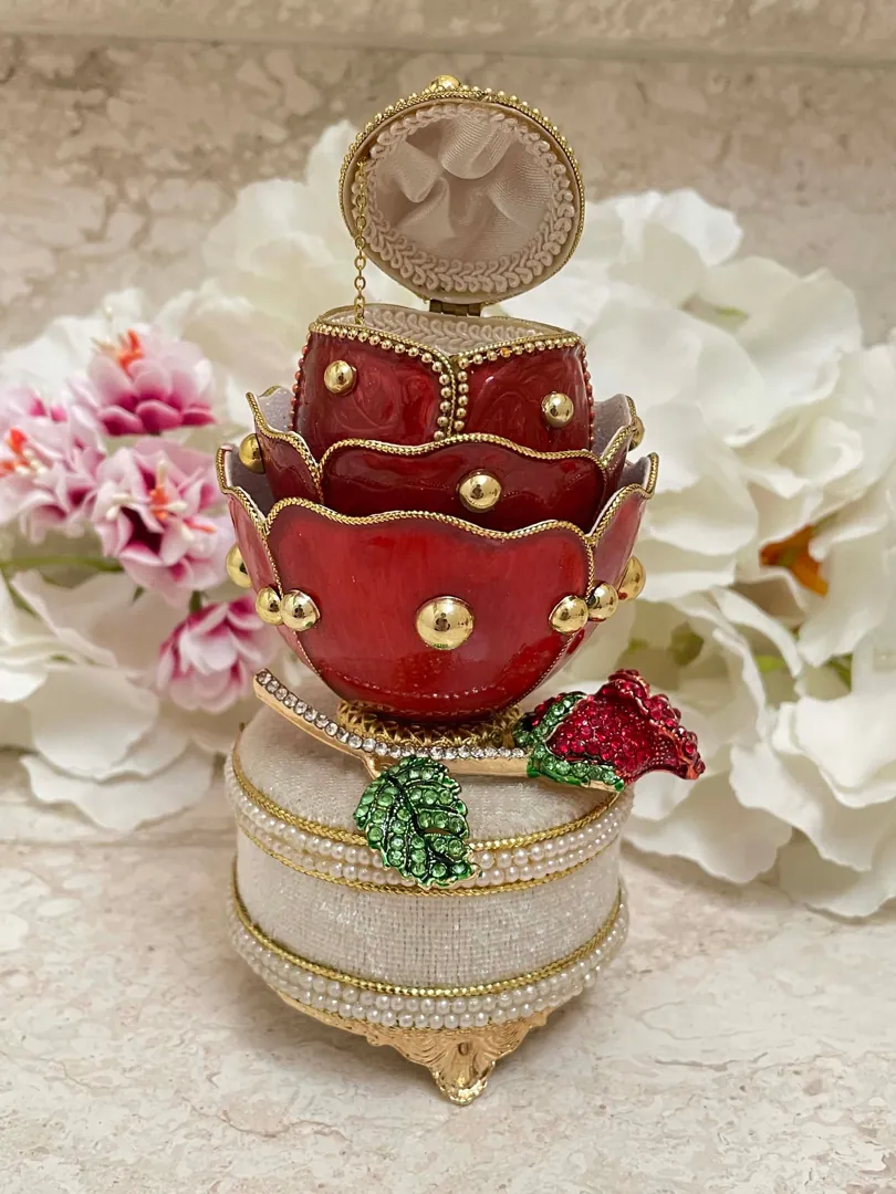 Red Fabergé egg style, Limited edition, Faberge Eggs Vintage, Musical Rose Jewelry gift box, Hand-Carved Natural Real Egg, 24k Gold Handmade.