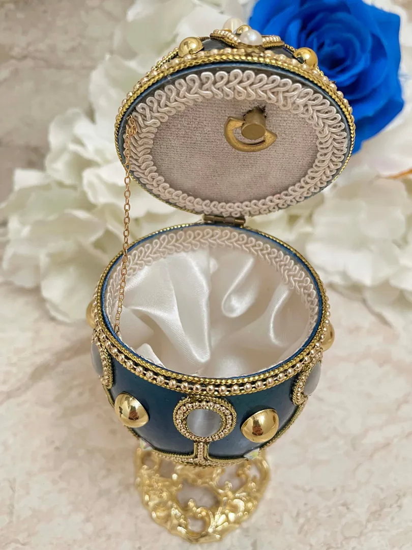 One of a Kind Blue Gifts, Faberge Egg VINTAGE, Fabergé Egg style, HANDCARVED Natural Egg, Faberge Ornament Decorative Faberge Egg Music Box.