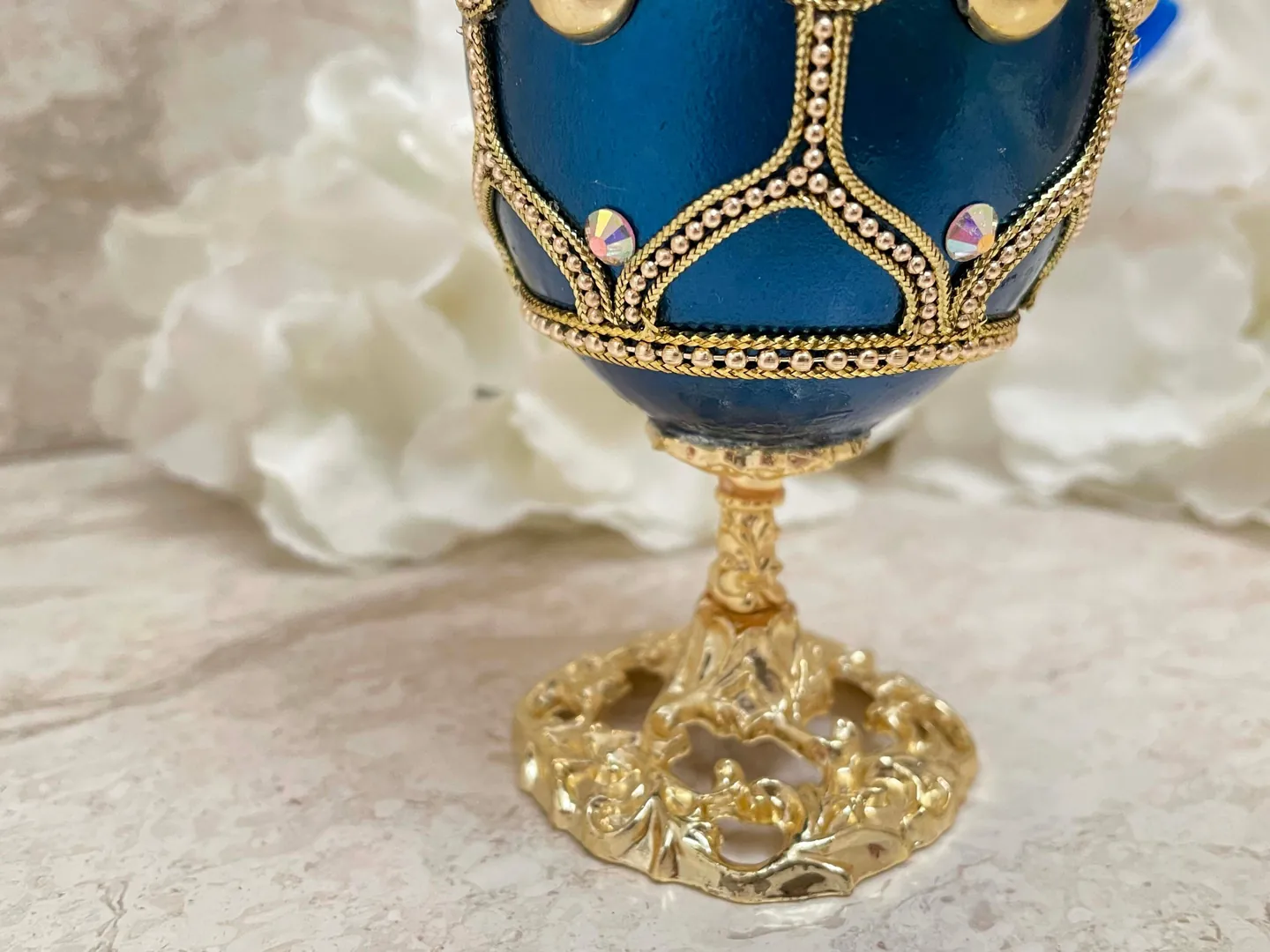 One of a Kind Blue Gifts, Faberge Egg VINTAGE, Fabergé Egg style, HANDCARVED Natural Egg, Faberge Ornament Decorative Faberge Egg Music Box.