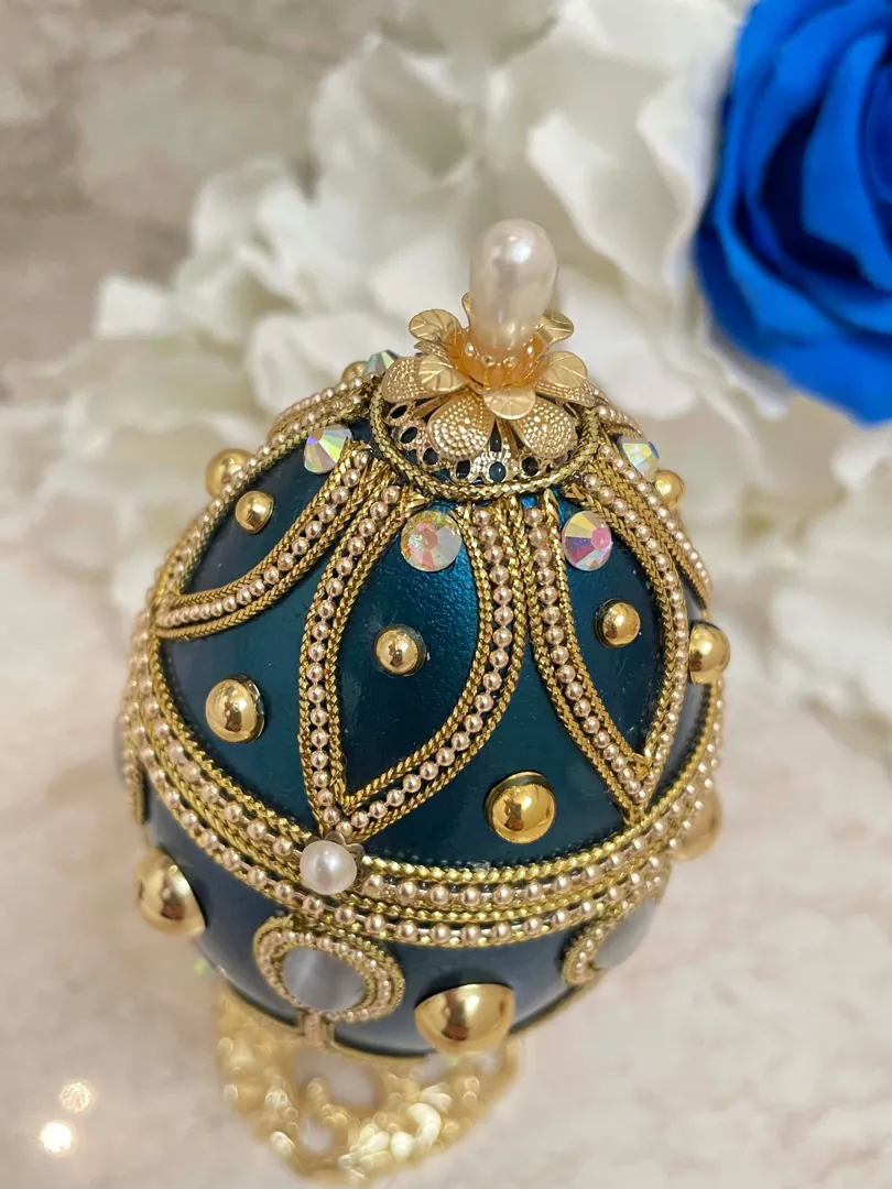 One of a Kind Blue Gifts, Faberge Egg VINTAGE, Fabergé Egg style, HANDCARVED Natural Egg, Faberge Ornament Decorative Faberge Egg Music Box.