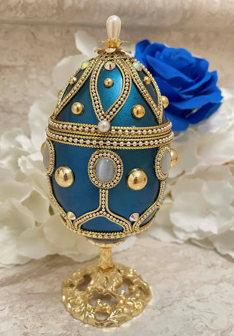One of a Kind Blue Gifts, Faberge Egg VINTAGE, Fabergé Egg style, HANDCARVED Natural Egg, Faberge Ornament Decorative Faberge Egg Music Box.