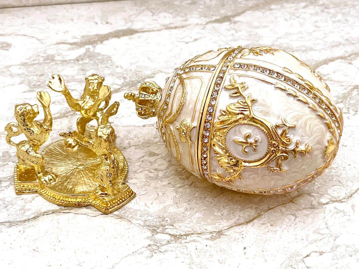 Imperial Off-White Fabergé Egg style GOLD 4ct Collectors Egg Fabergé Eggs & Silver Jewelry Fabergé Egg Trinket Box 200 Swarovski HANDMADE SET