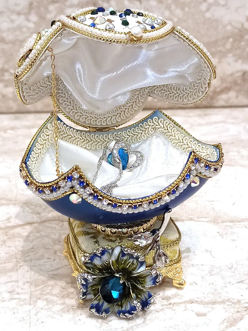 One Of a Kind - Faberge Egg - 24k Gold - Faberge Egg Music Box - Sterling Silver Jewelry - Blue Necklace - Silver, Topaz Bracelet - Faberge Style
