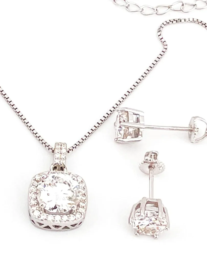 2.25ct Certified Square Diamond Necklace Pendant, 2 Carat Diamond Stud Earrings, Diamond Bridal Set, Silver, 18k Gold Diamond Jewelry.
