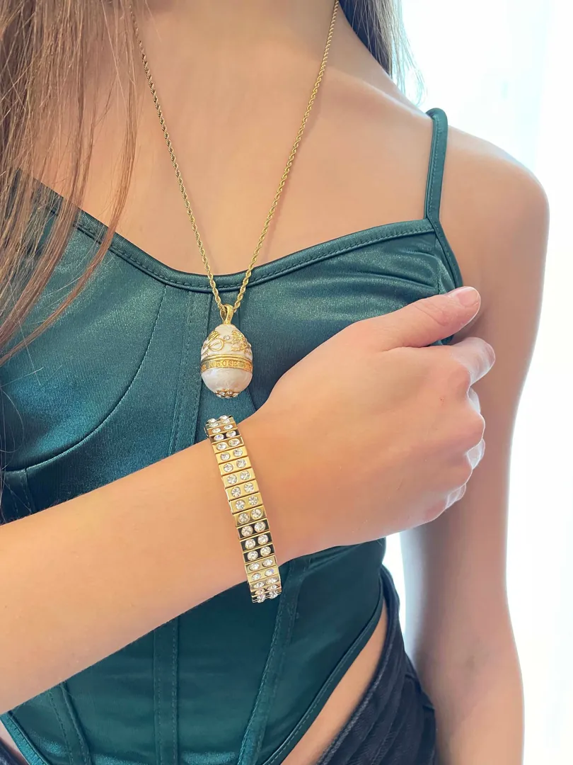 Graduation Jewelry, Faberge Diamond Necklace, Faberge Egg Pendant & Bracelet, 24k GOLD Handmade Faberge Jewelry, Daughter Birthday Gifts for Her.