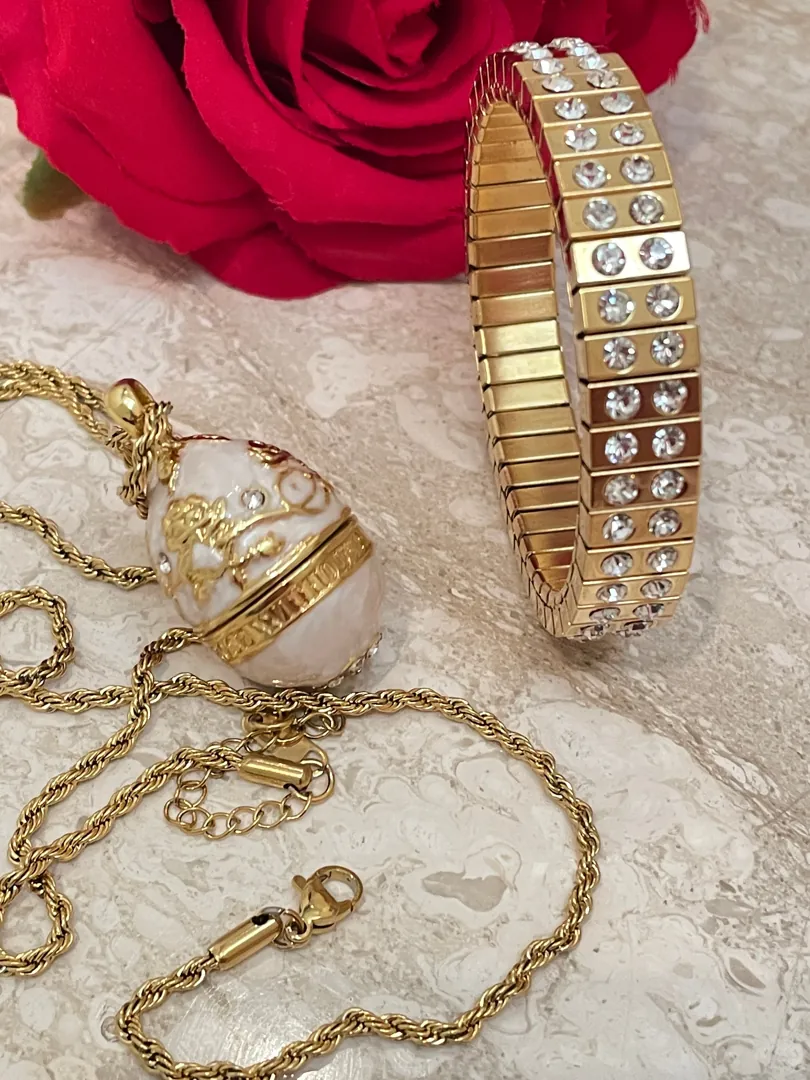 Graduation Jewelry, Faberge Diamond Necklace, Faberge Egg Pendant & Bracelet, 24k GOLD Handmade Faberge Jewelry, Daughter Birthday Gifts for Her.