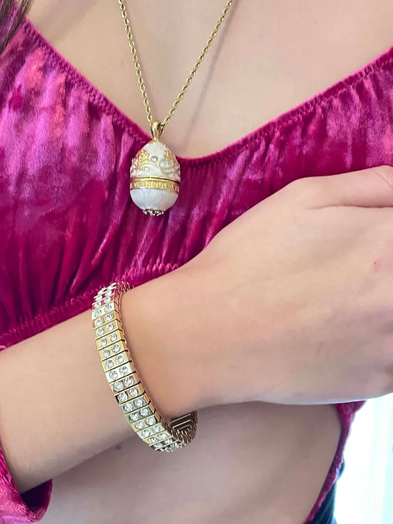 Graduation Jewelry, Faberge Diamond Necklace, Faberge Egg Pendant & Bracelet, 24k GOLD Handmade Faberge Jewelry, Daughter Birthday Gifts for Her.