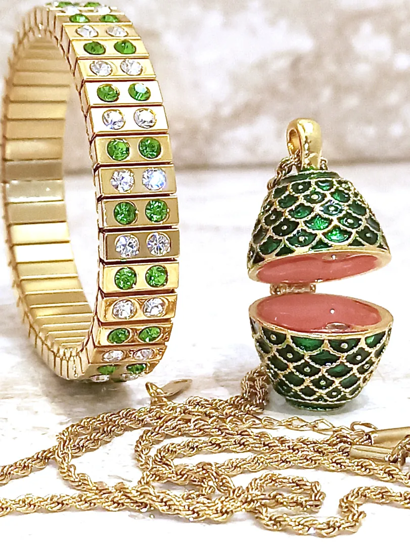 Faberge Emerald Necklace Pendant & Bracelet for Women 24K Gold Jewelry Set Young Lady Birthday Present Anniversary Gift Idea for Girlfriend
