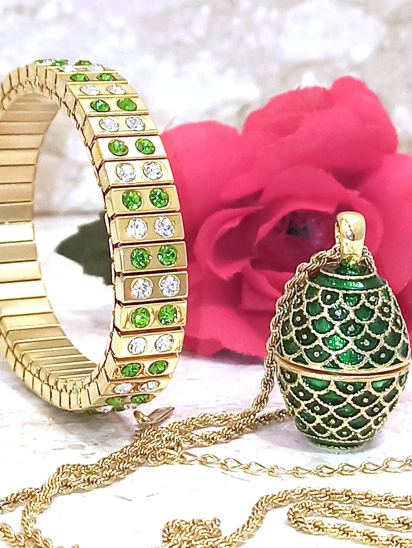 Faberge Emerald Necklace Pendant & Bracelet for Women 24K Gold Jewelry Set Young Lady Birthday Present Anniversary Gift Idea for Girlfriend