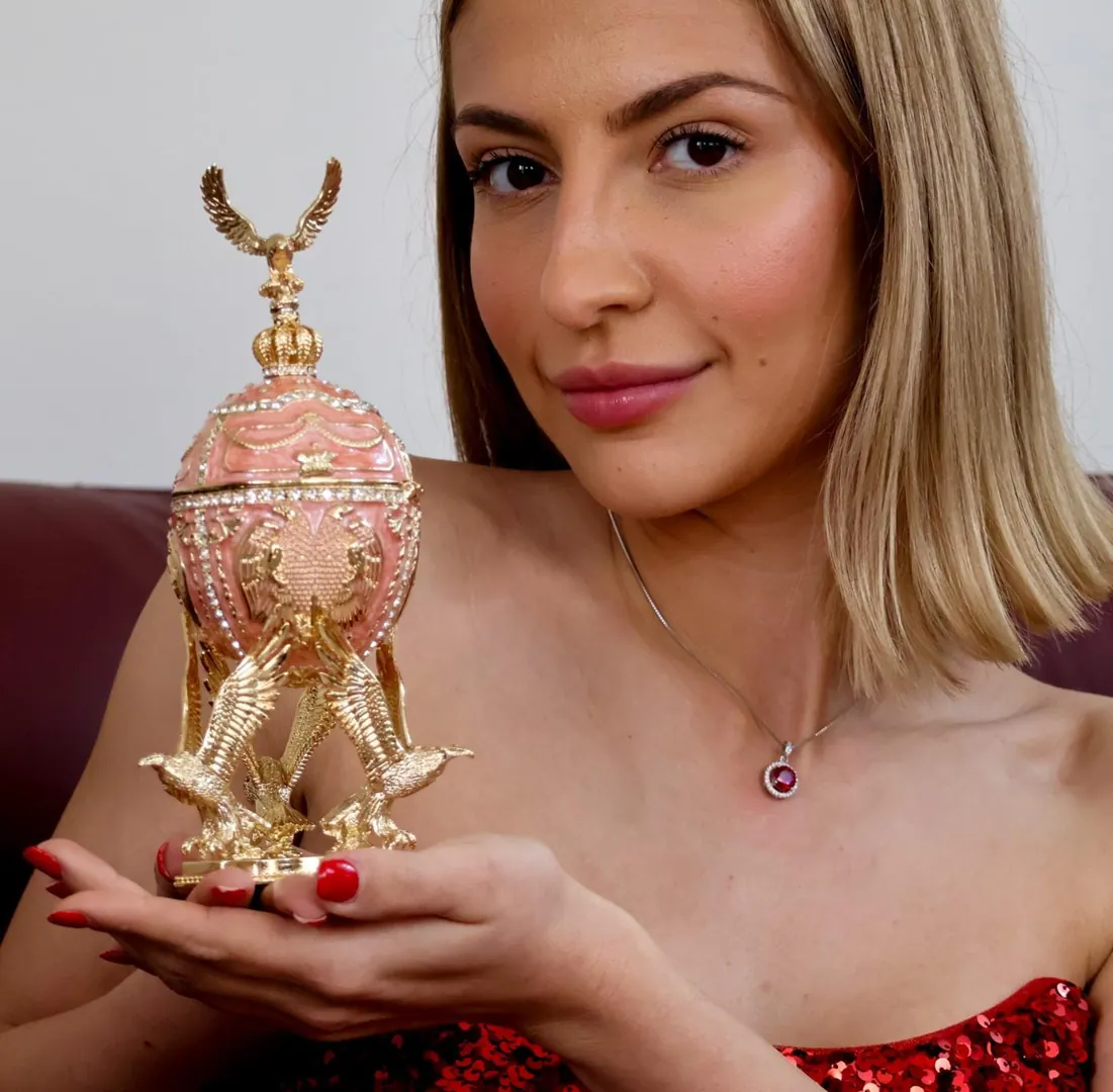 Unique Fabergé Egg Pink Faberge Egg Music Box WISDOM Faberge Trinket Box Pure Gold Decor Austrian Crystal Diamonds Handmade by Pierre Lorren.