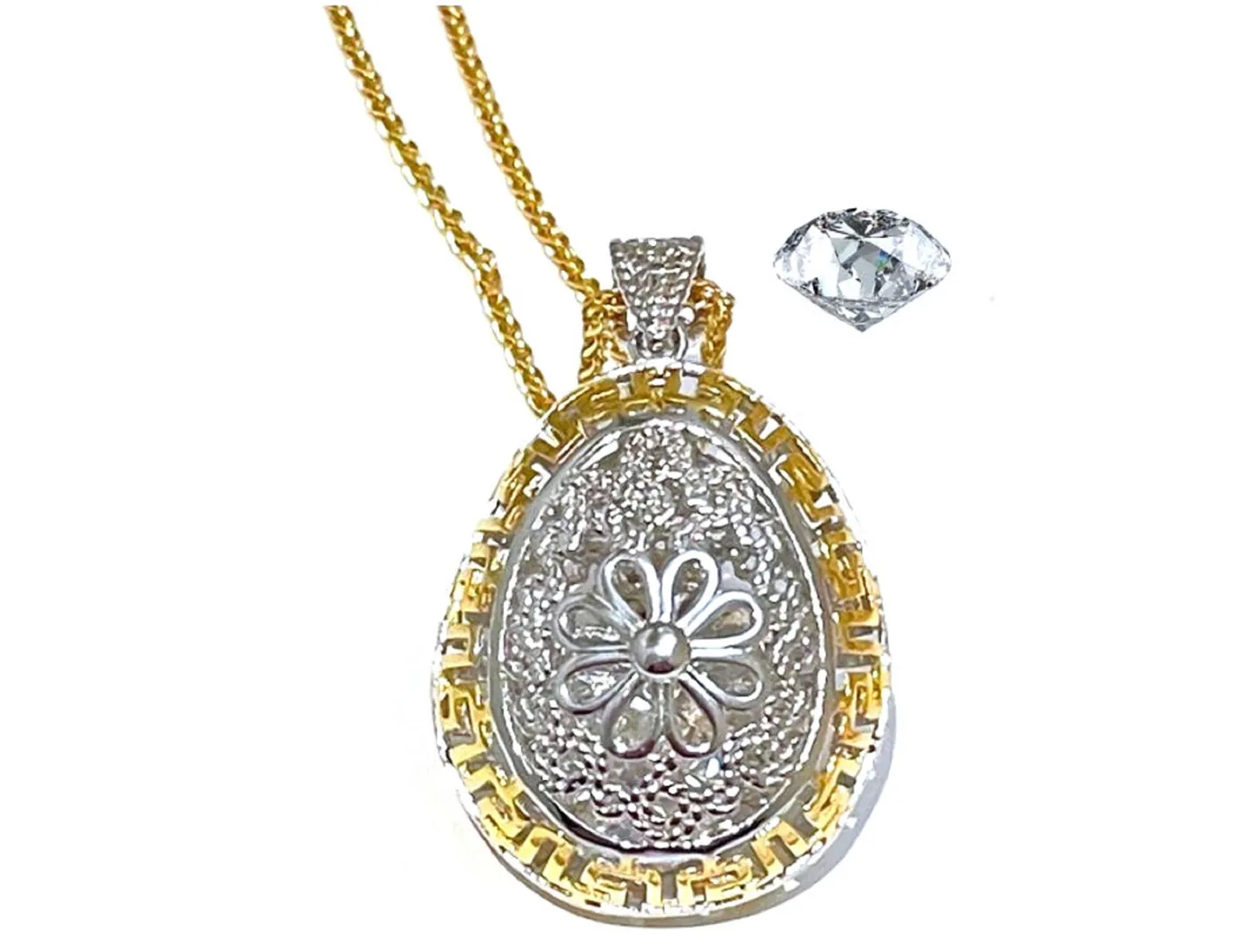3ct Fabergé Egg Necklace, Sterling Silver Fabergé Egg Pendant, Diamond Necklace for Women, Fabergé Jewelry, Handmade, Fabergé Egg Style Egg.