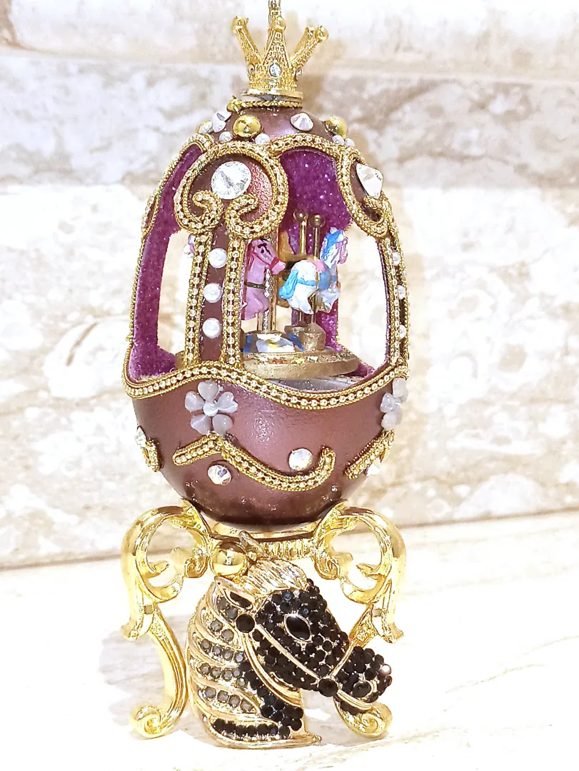 One of a Kind Faberge Egg Style Faberge Necklace Amethyst Bracelet Purple Faberge Egg Musical Carousel Horse 24k Gold Handmade Fabergé Egg