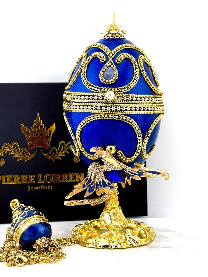 1980 Faberge Egg Sapphire Blue Bird Natural Fabergé Egg Pure Gold Decor 45th Wedding Anniversary Gift for Parents 45th Birthday Gift for Her