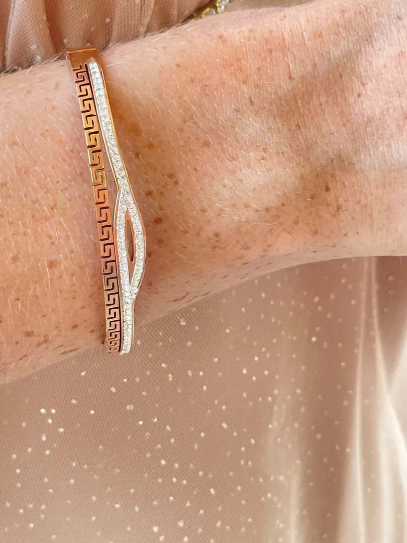 Designer Grecian Jewelry Pure Rose Gold Vermeil Fine Greek Key Bracelet Meander Bracelet Egyptian Jewelry Eye Protection Bracelet Swarovski.