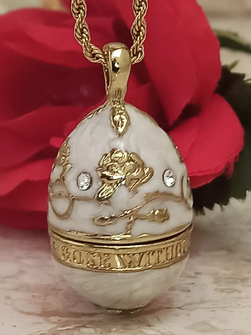 Designer Faberge Egg Necklace Bracelet Set: Faberge Egg Pendant in White and 24k Gold Bracelet for Women. Jewelry set for Weddings, Bridal Gifts, and Birthdays.