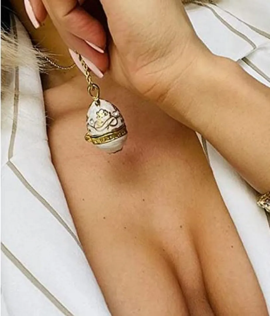 Luxury Faberge Egg Pendant Locket White Faberge Egg Necklace Set 24k Gold Fabergé Jewelry Austrian Crystal Handset + Gold White Bracelet