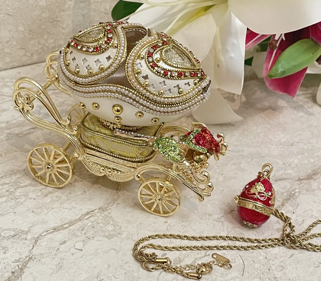 RUBY Faberge Egg Music Faberge Music Box HANDCARVED 24k Gold & Faberge Necklace Faberge Egg Style Gift for Her 35th Wedding Anniversary Gift