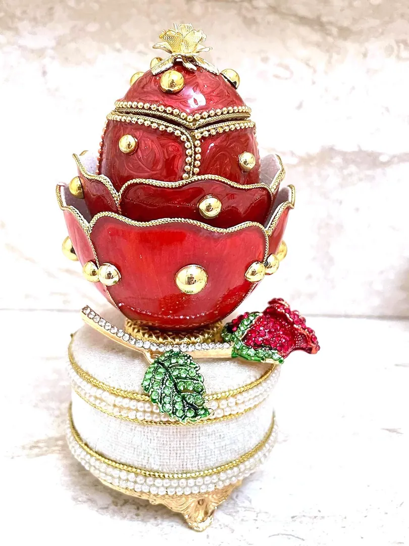 One of a Kind Fabergé Egg 2002 Ruby Rose Fabergé Style Egg Handcarved Fabergé Egg Music Box & Jewelry First Christmas Anniversary New Year