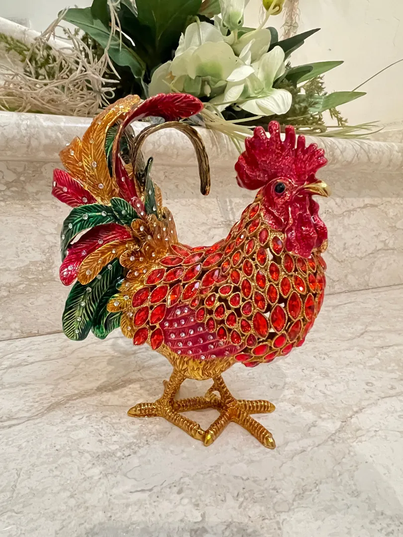 2002 Vintage RUBY Red Faberge Egg Rooster Jewelry Box, Rooster Lover 21st Birthday, 21st Anniversary Gift, Graduation Present, Christmas Gift.