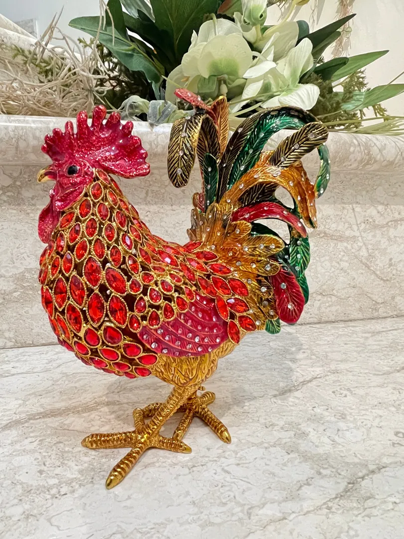 2002 Vintage RUBY Red Faberge Egg Rooster Jewelry Box, Rooster Lover 21st Birthday, 21st Anniversary Gift, Graduation Present, Christmas Gift.